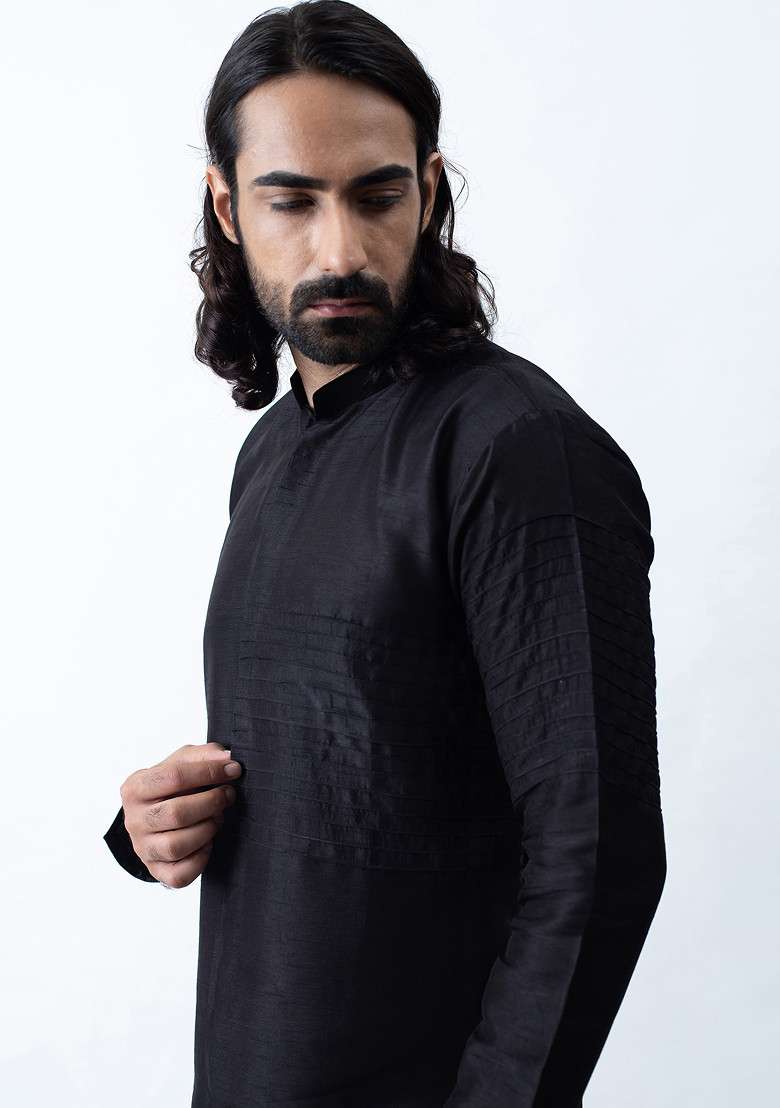 Black Pintuck Kurta Set For Men - Indya
