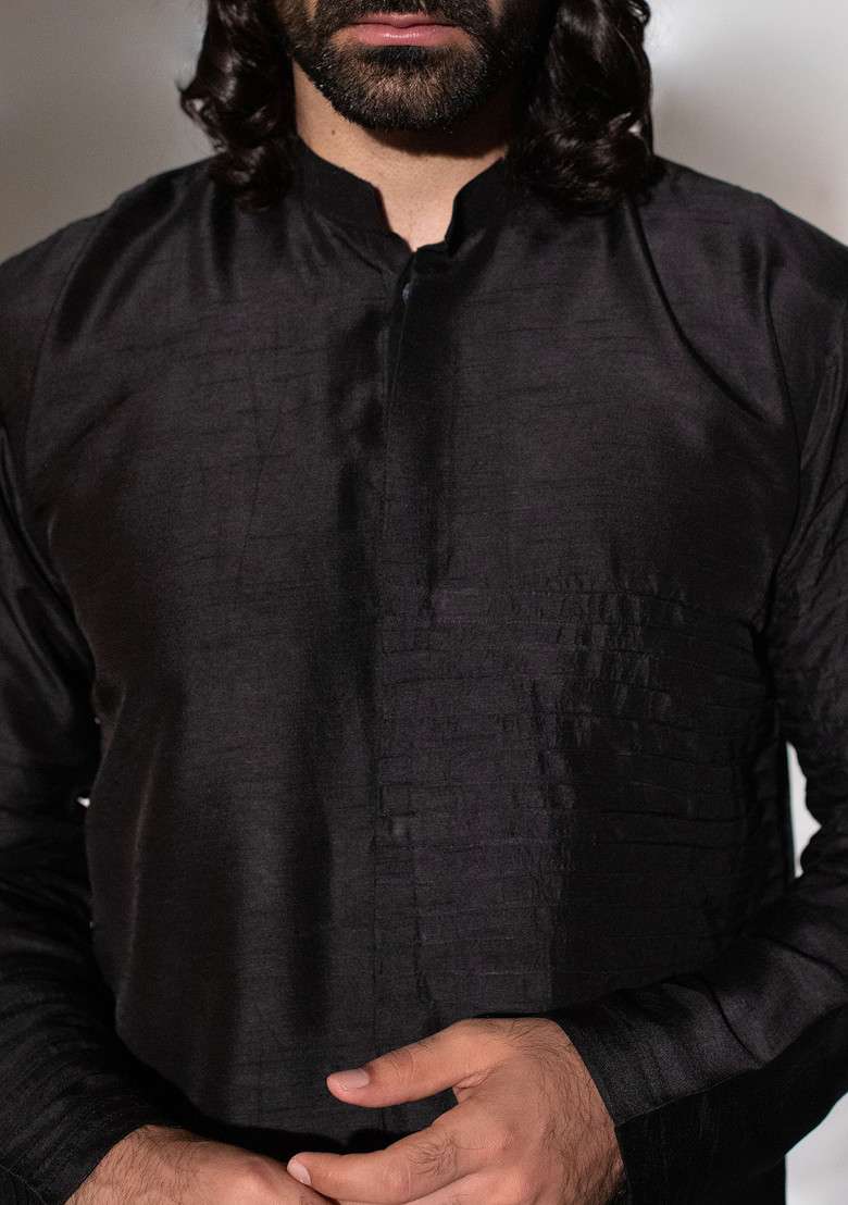 Black Pintuck Kurta Set For Men - Indya