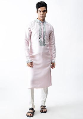 Light Pink Applique Work Kurta Set For Men