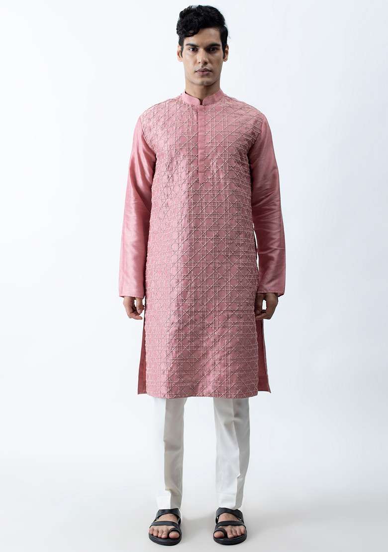 Dark Pink Heavy Embroidered Kurta Set For Men - Indya