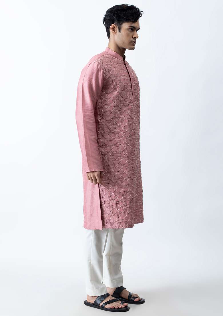 Dark Pink Heavy Embroidered Kurta Set For Men - Indya