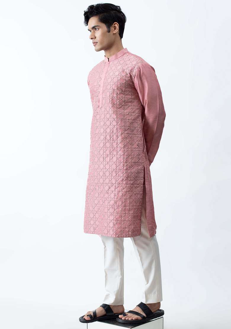 Dark Pink Heavy Embroidered Kurta Set For Men - Indya