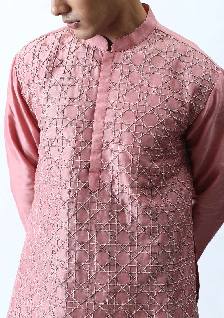 Dark Pink Heavy Embroidered Kurta Set For Men - Indya