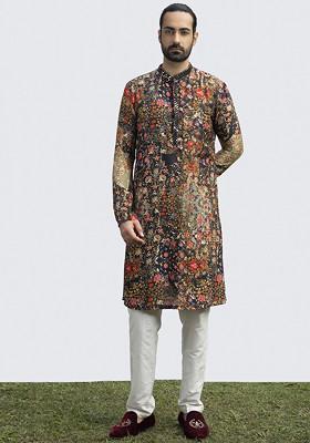Black Printed Mirror Work Kurta Set For Men