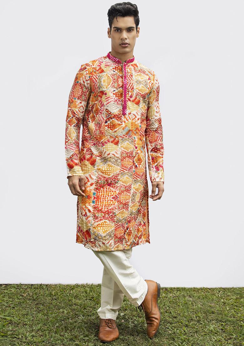 Red Diamond Mirror Work Kurta Set For Men - Indya