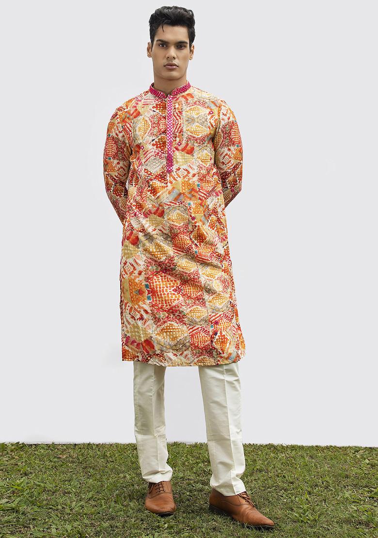 Red Diamond Mirror Work Kurta Set For Men - Indya