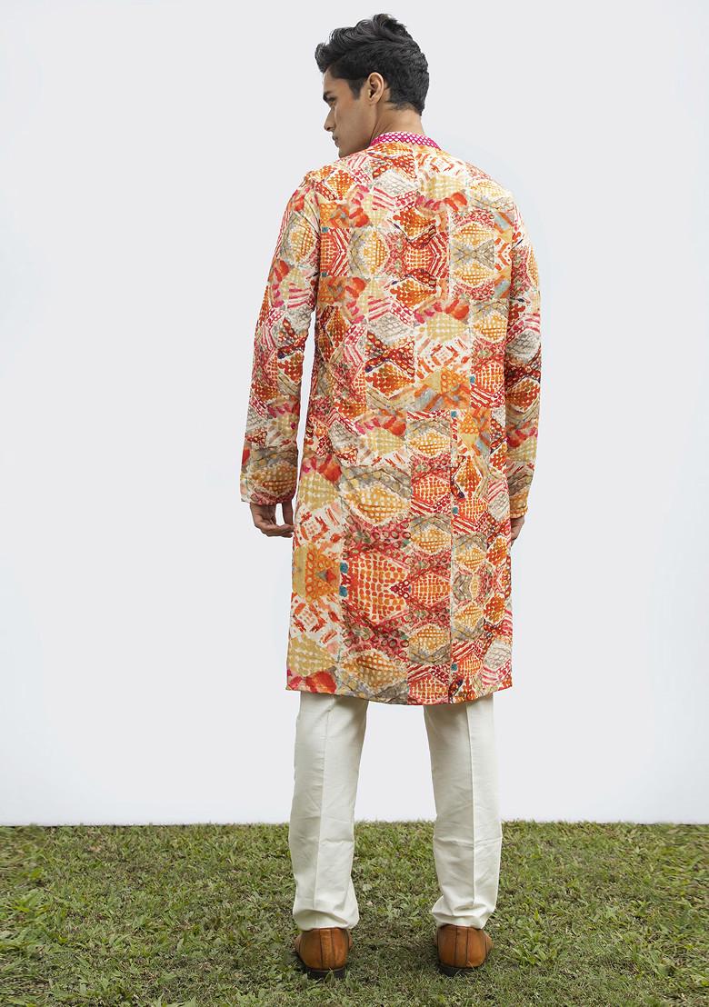 Red Diamond Mirror Work Kurta Set For Men - Indya
