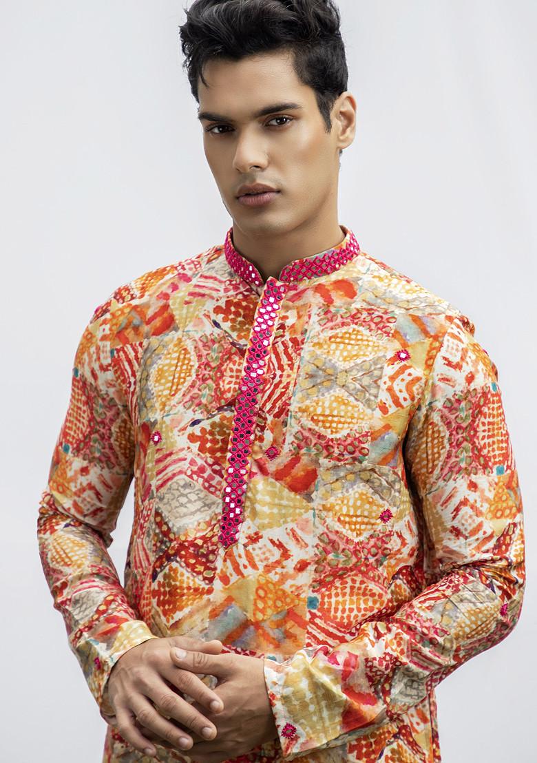 Red Diamond Mirror Work Kurta Set For Men - Indya
