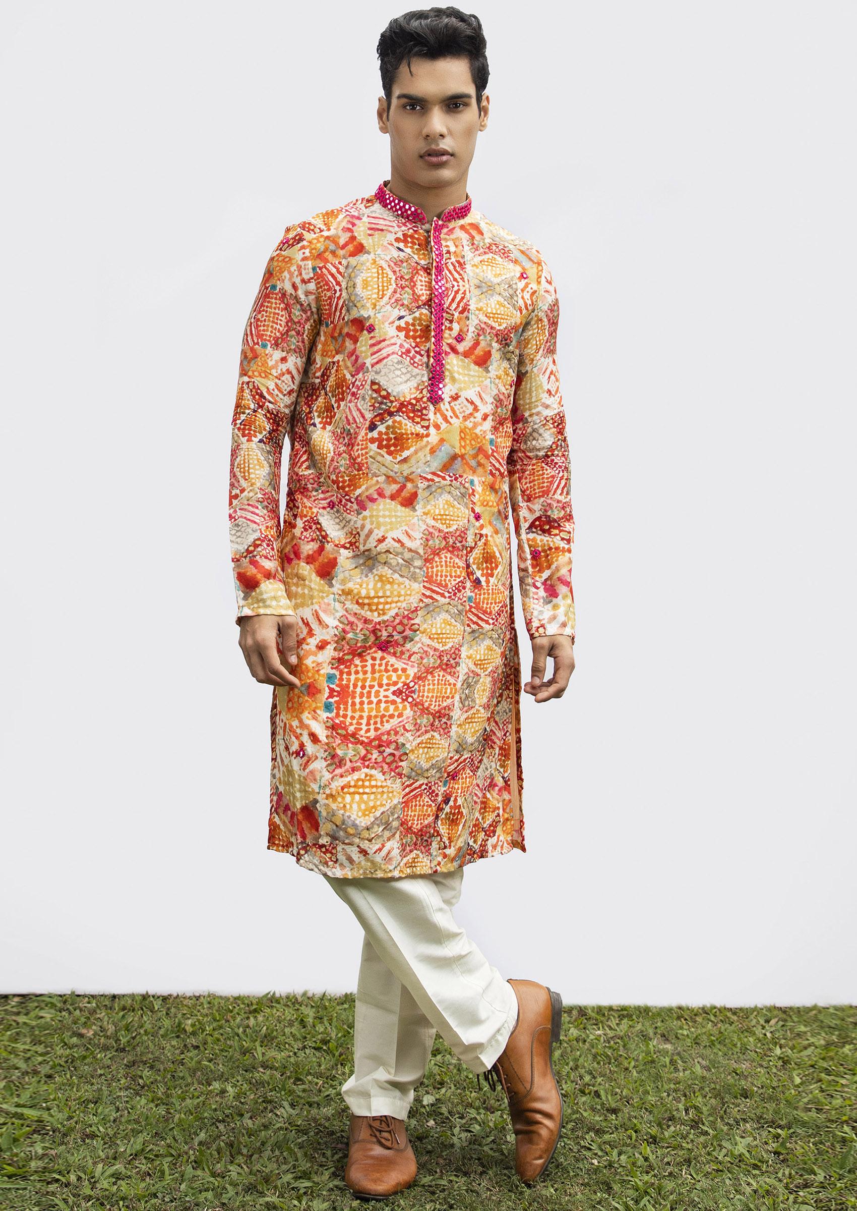 Red Diamond Mirror Work Kurta Set For Men - Indya