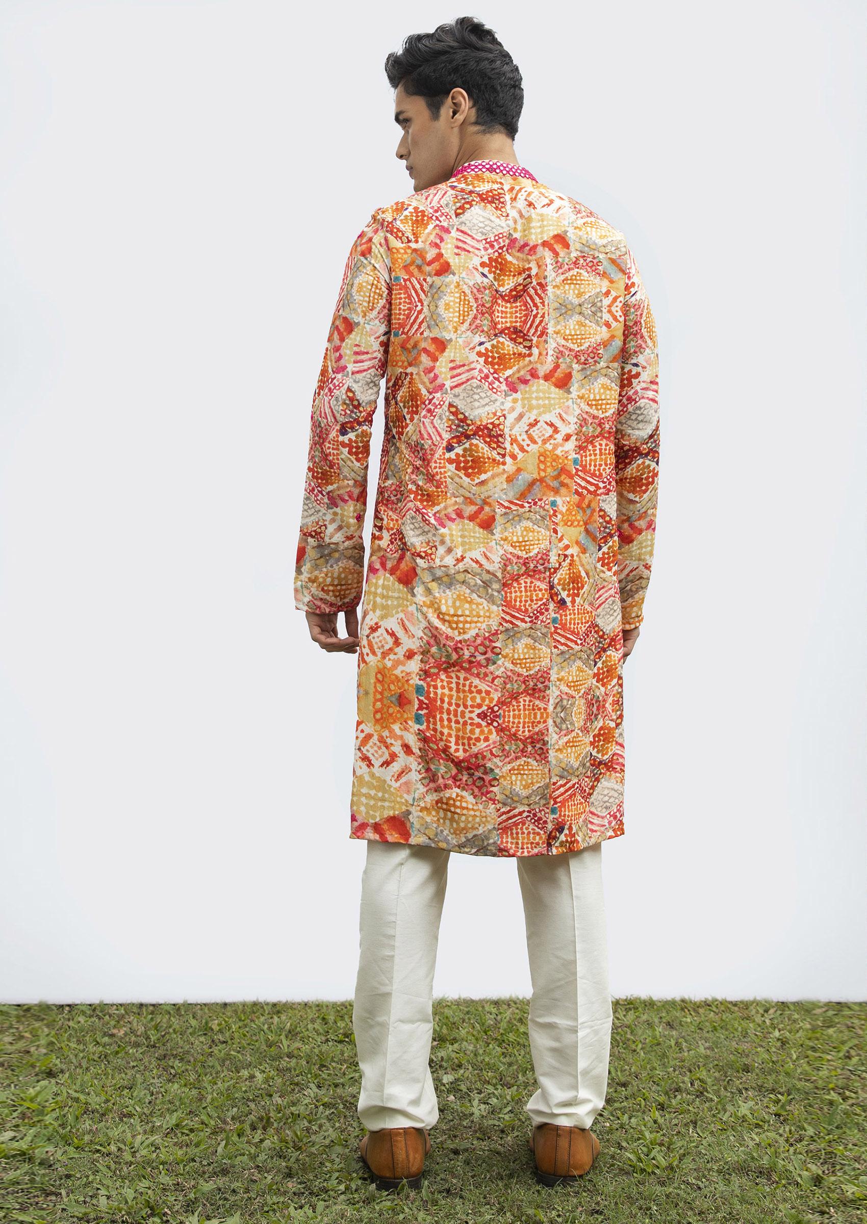 Red Diamond Mirror Work Kurta Set For Men - Indya