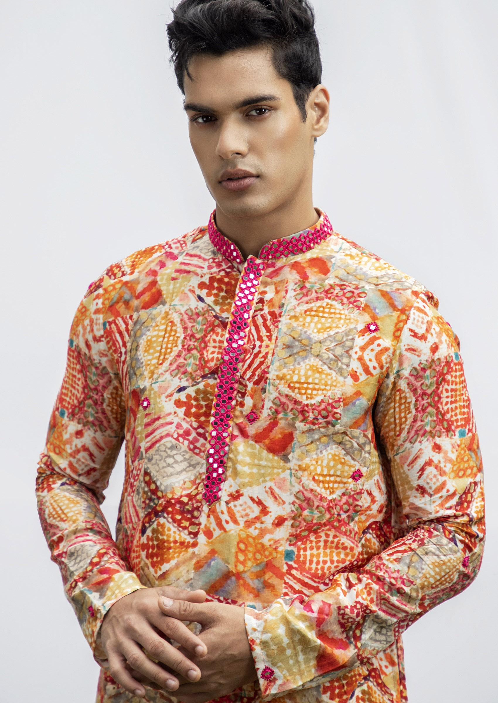 Red Diamond Mirror Work Kurta Set For Men - Indya