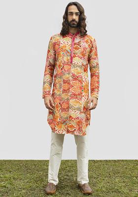 Red Diamond Printed Mirror Work Kurta Set For Men