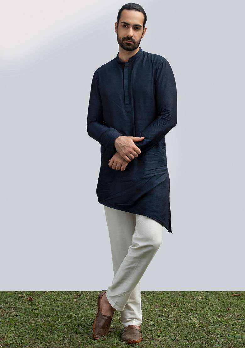 Navy Blue Asymmetric Kurta Set For Men - Indya