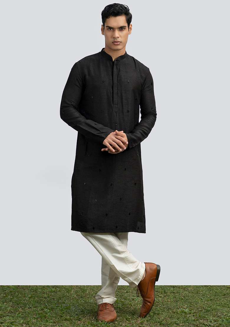 Black Pintuck Signature Kurta Set For Men - Indya