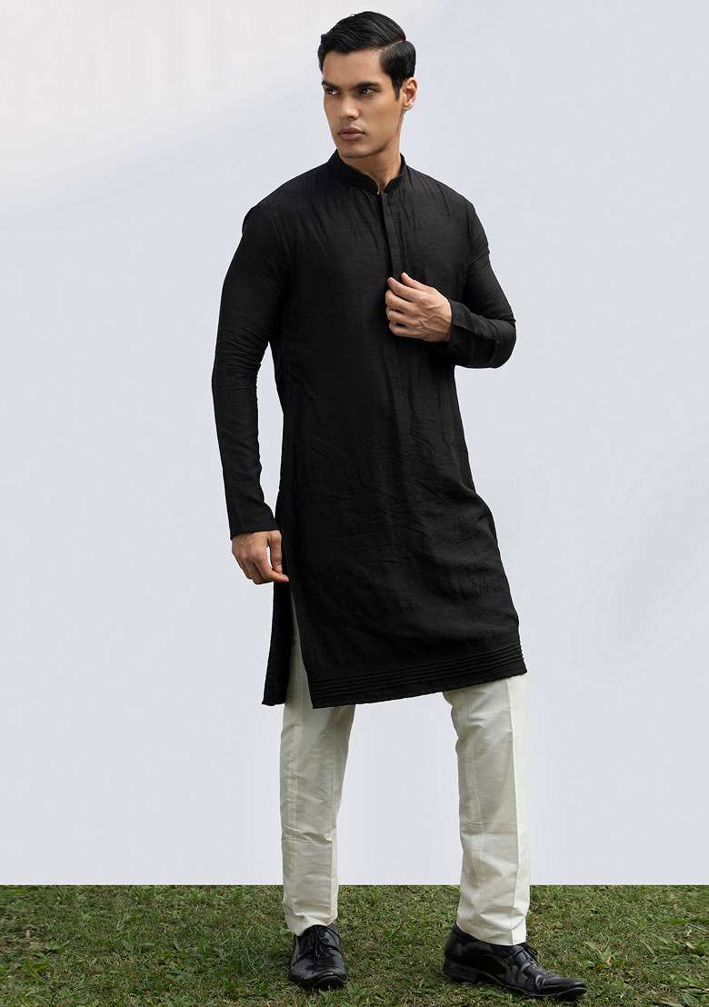 Black Pintuck Signature Kurta Set For Men - Indya