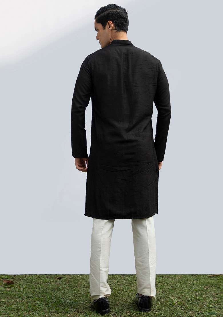 Black Pintuck Signature Kurta Set For Men - Indya