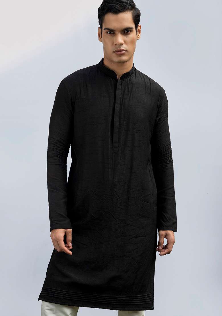 Black Pintuck Signature Kurta Set For Men - Indya
