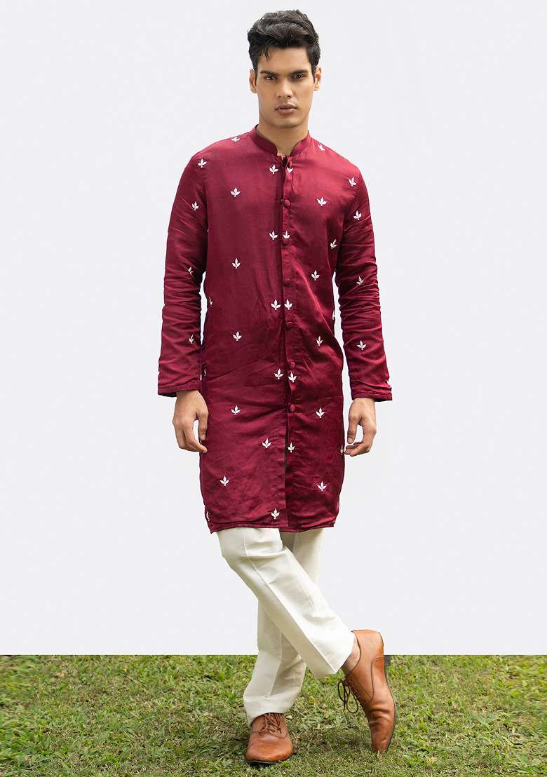 Maroon Front Open Motif Kurta Set For Men - Indya