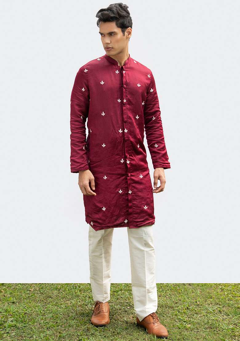 Maroon Front Open Motif Kurta Set For Men - Indya