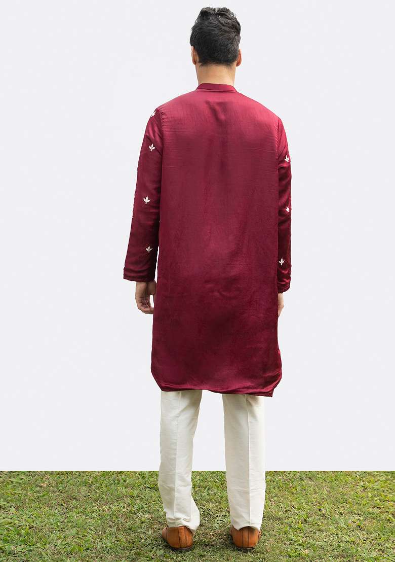 Maroon Front Open Motif Kurta Set For Men - Indya