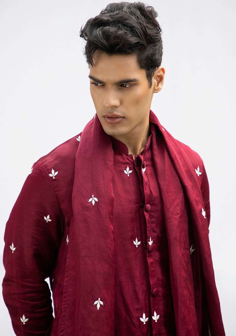 Maroon Front Open Motif Kurta Set For Men - Indya