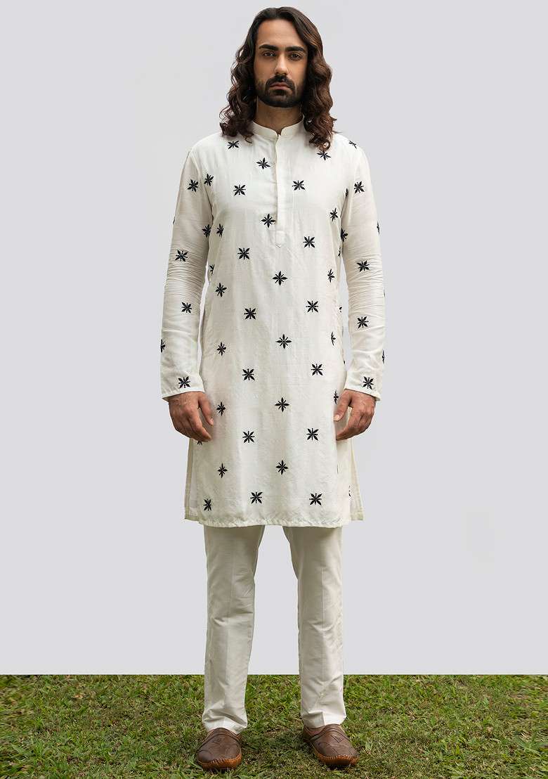 Ivory Motif Kurta Set For Men - Indya