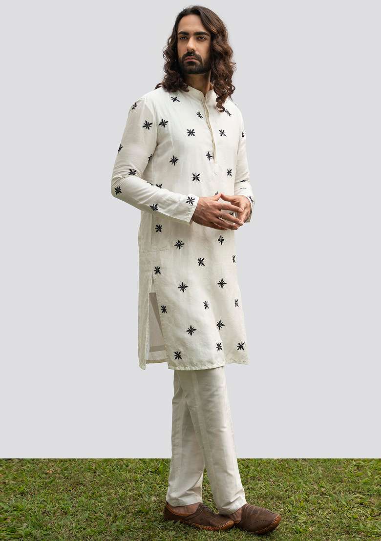 Ivory Motif Kurta Set For Men - Indya
