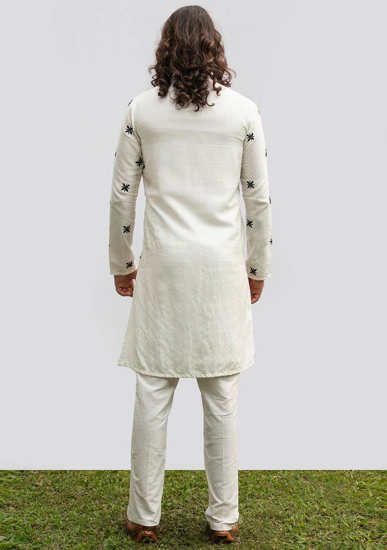 Ivory Motif Kurta Set For Men - Indya
