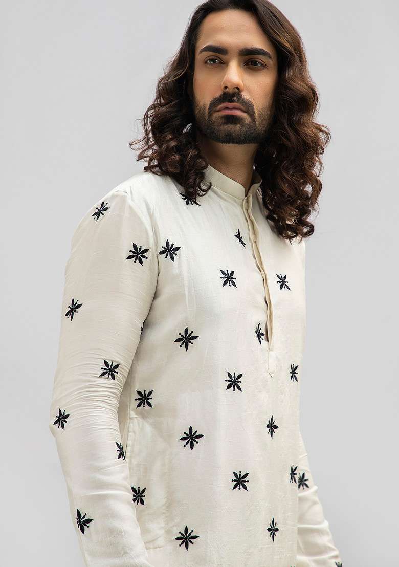Ivory Motif Kurta Set For Men - Indya