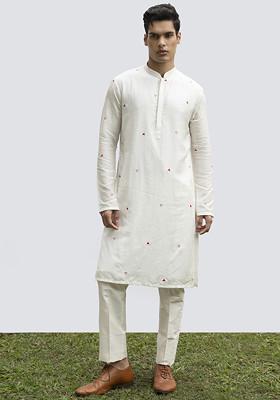 Ivory Embroidered Motif Kurta Set For Men