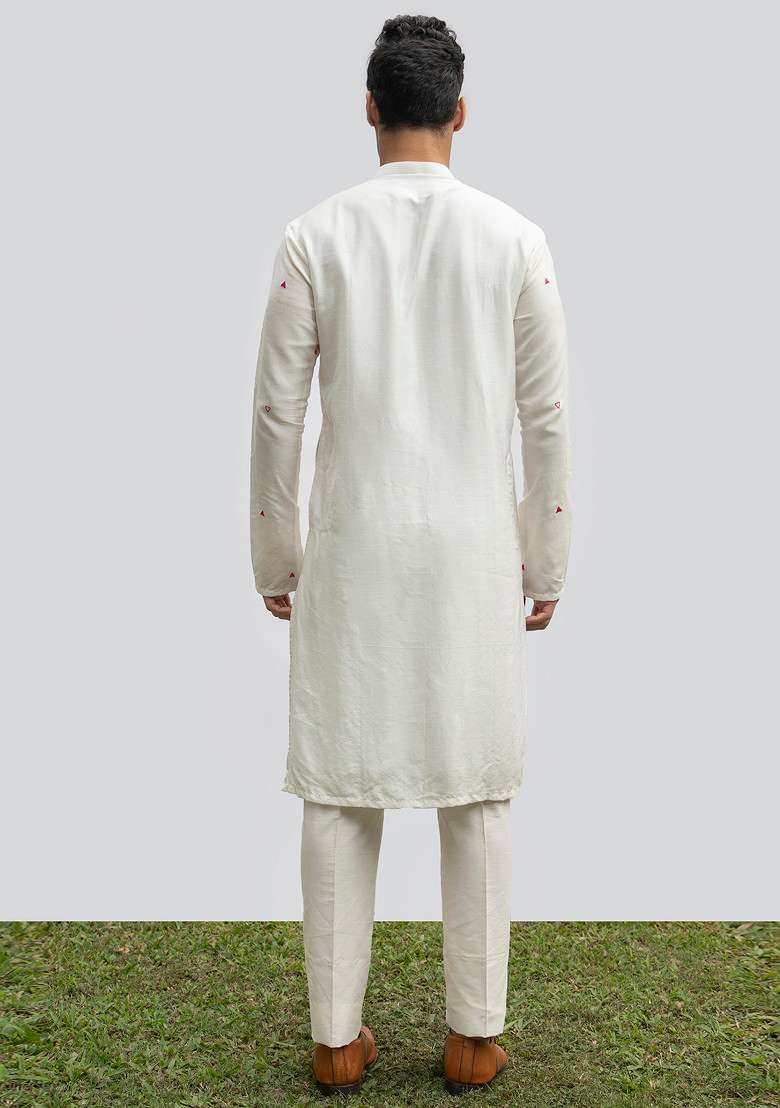 Ivory Embroidered Motif Kurta Set For Men - Indya