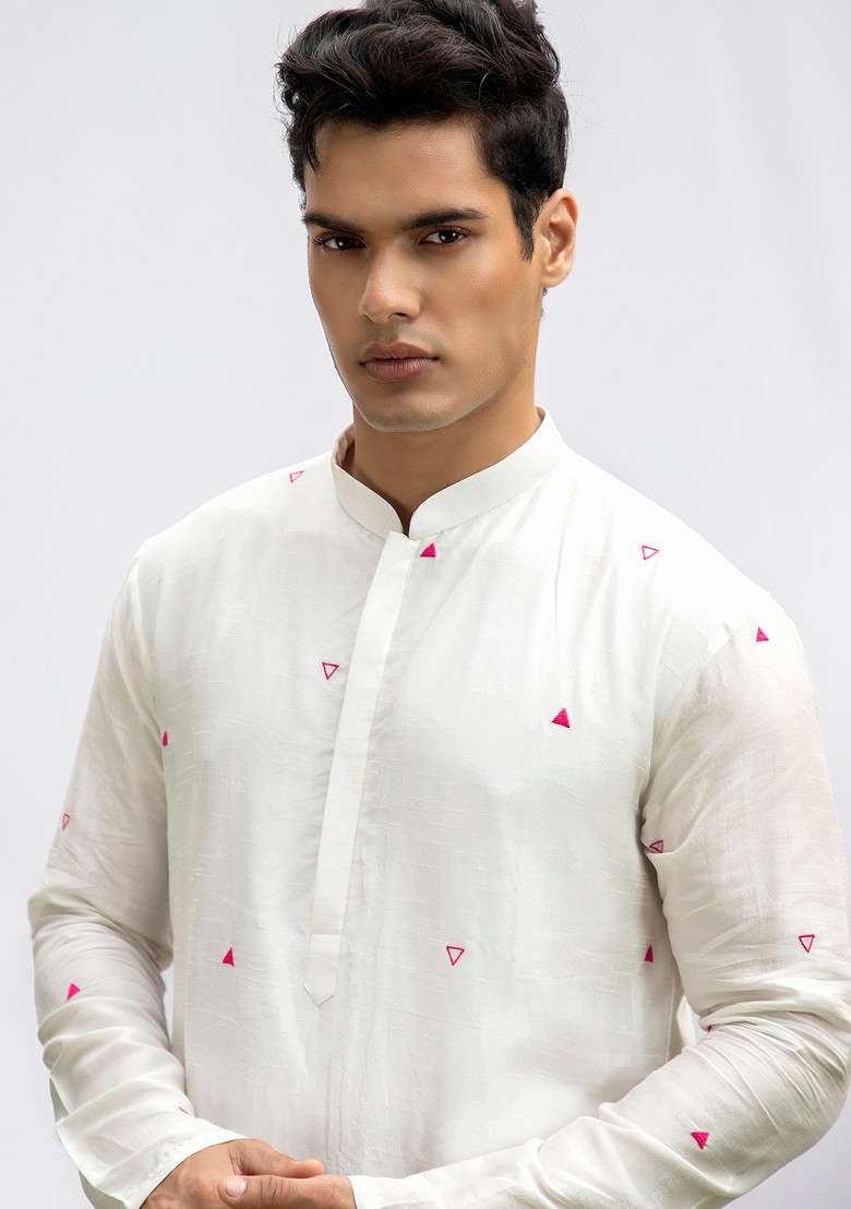 Ivory Embroidered Motif Kurta Set For Men - Indya