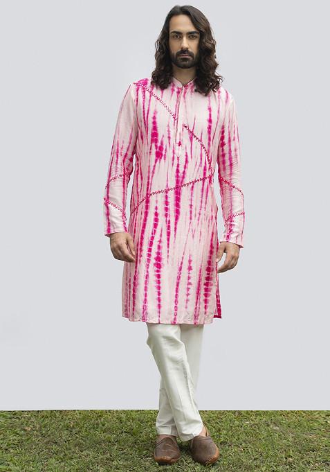 Hot Pink Tie And Dye Mirror Work Kurta Set For Men
