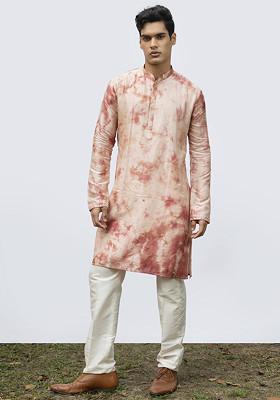 Dull Pink Mirror Work Kurta Set For Men