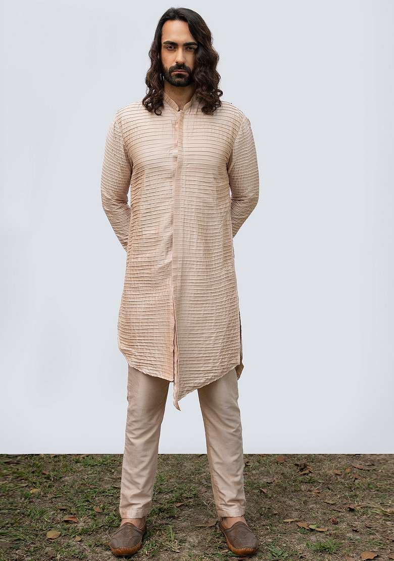 Rose Gold Pintuck Kurta Set For Men - Indya