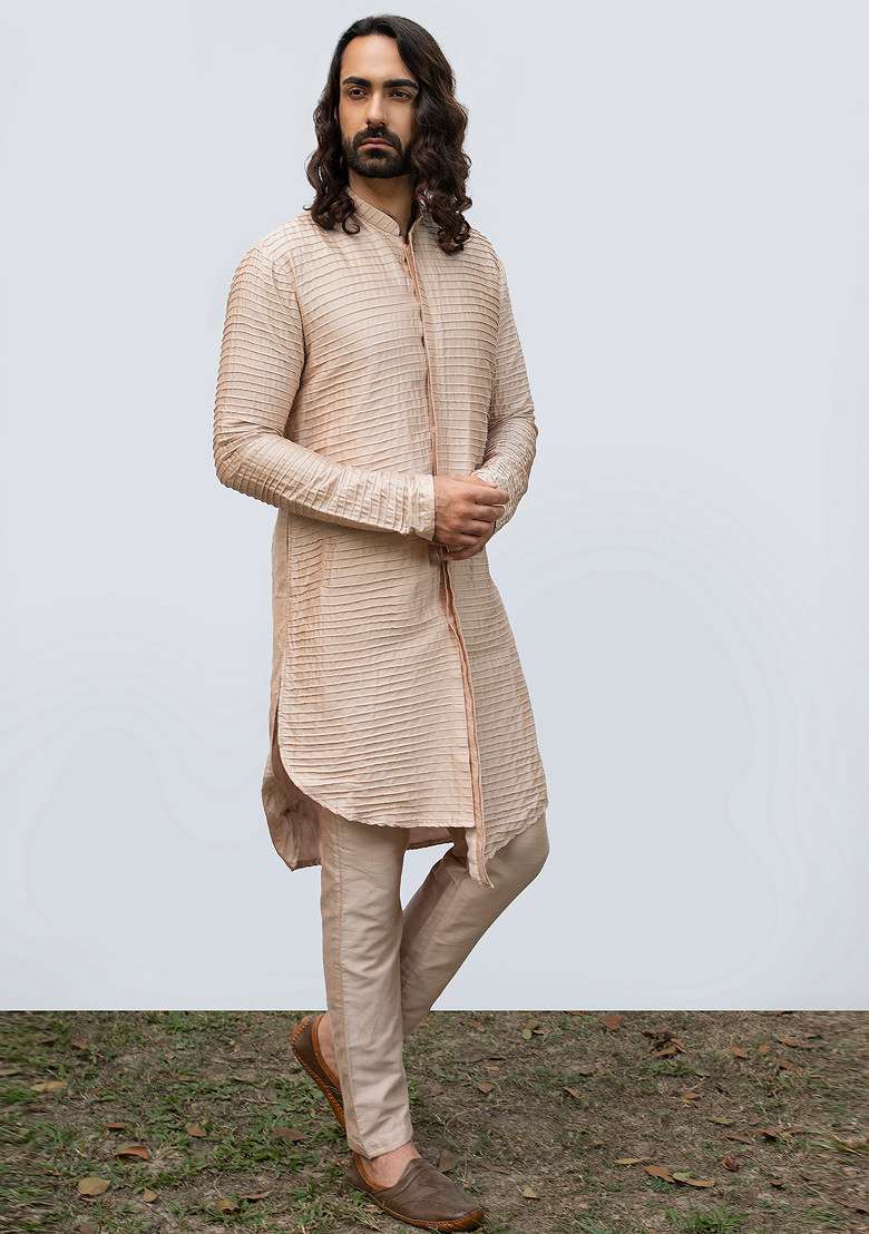 Rose Gold Pintuck Kurta Set For Men - Indya