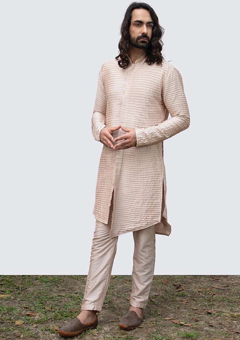 Rose Gold Pintuck Kurta Set For Men - Indya