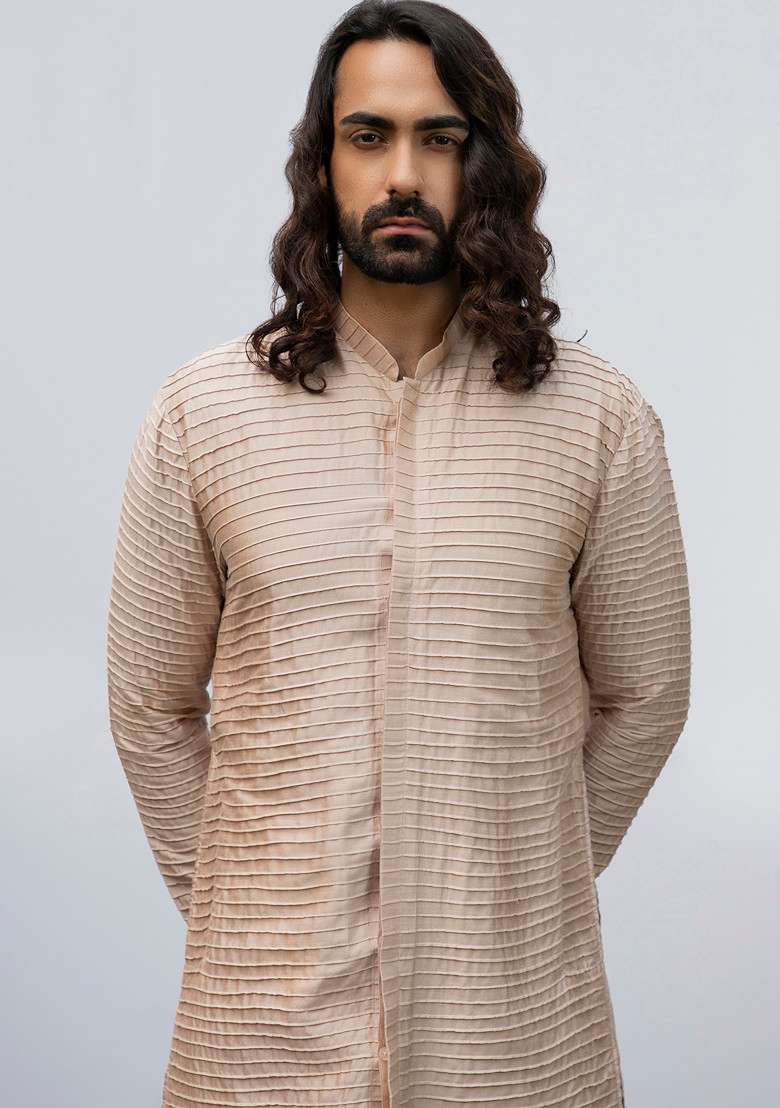 Rose Gold Pintuck Kurta Set For Men - Indya
