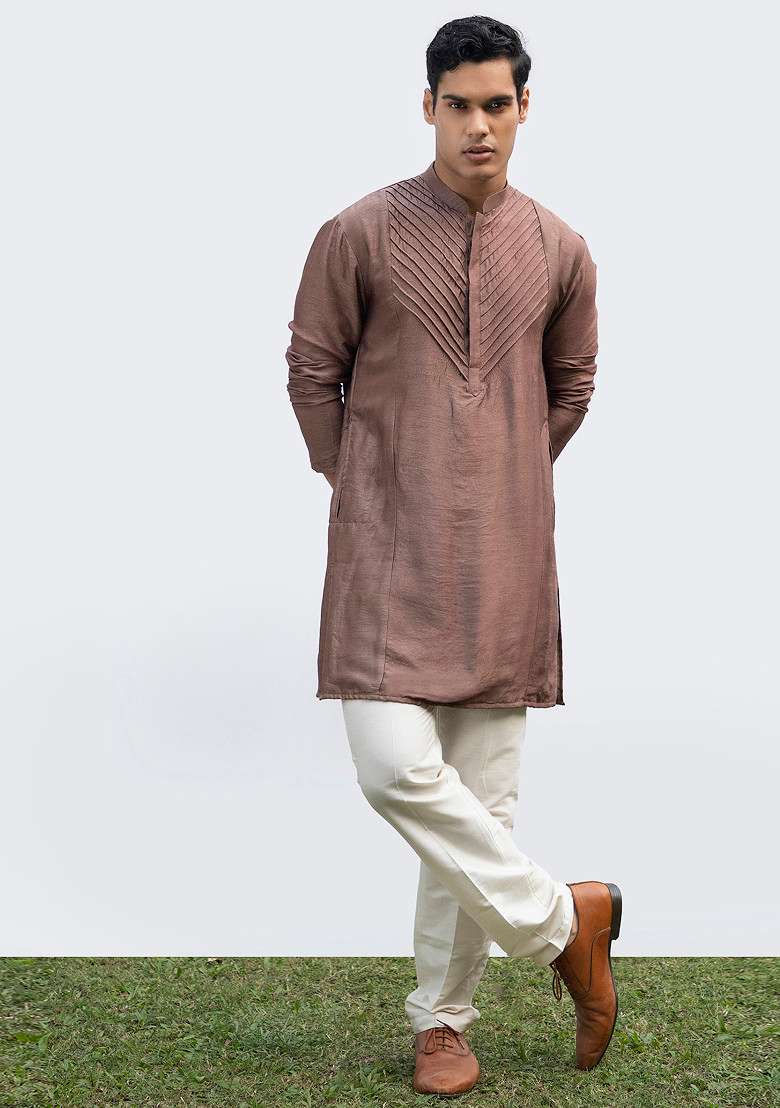 Brown Pintuck Embellished Kurta Set For Men - Indya