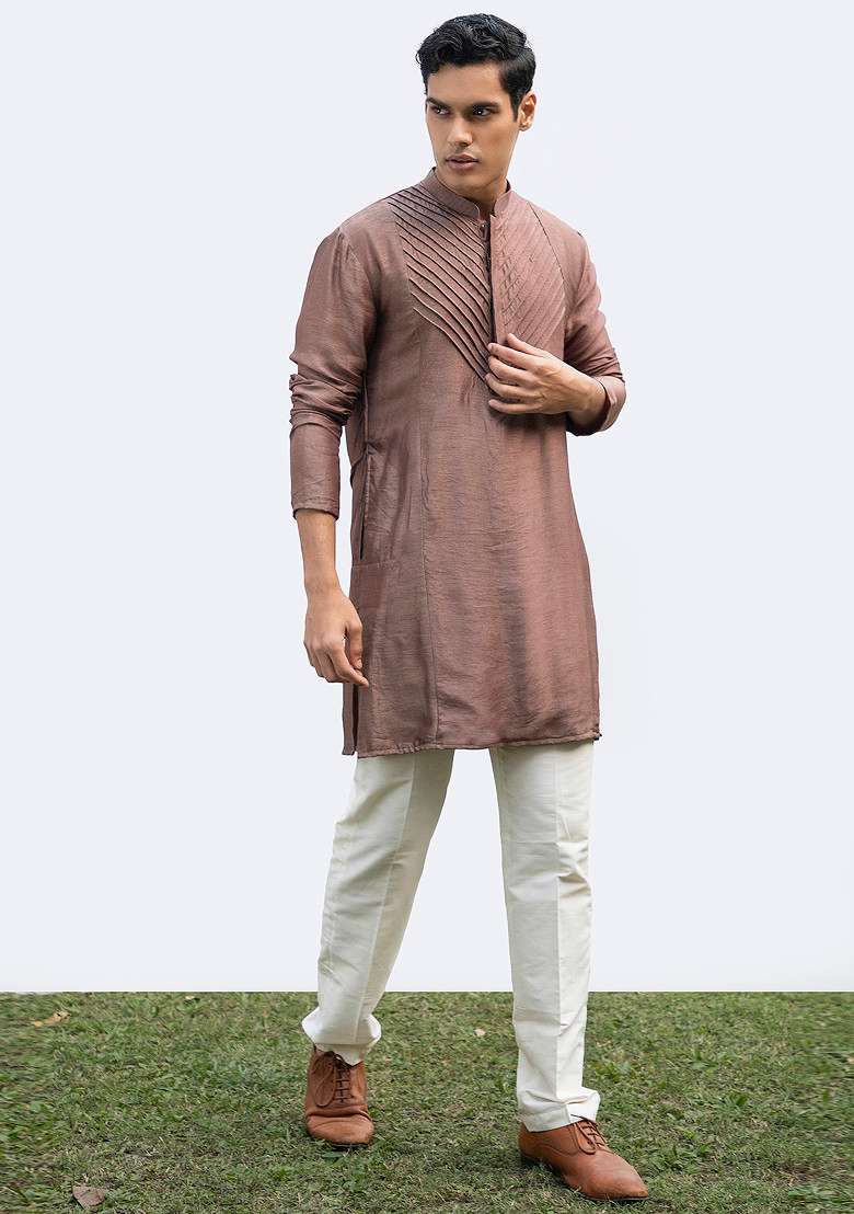 Brown Pintuck Embellished Kurta Set For Men - Indya