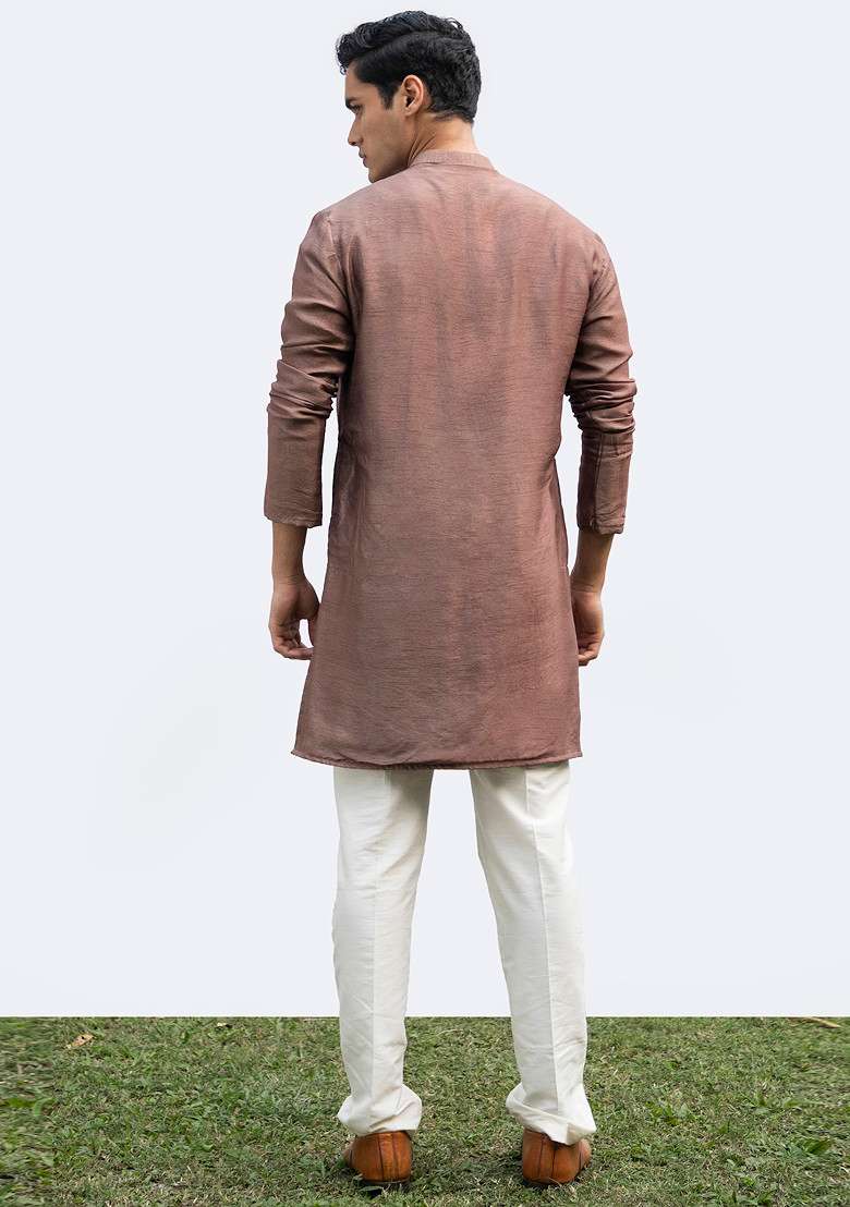 Brown Pintuck Embellished Kurta Set For Men - Indya