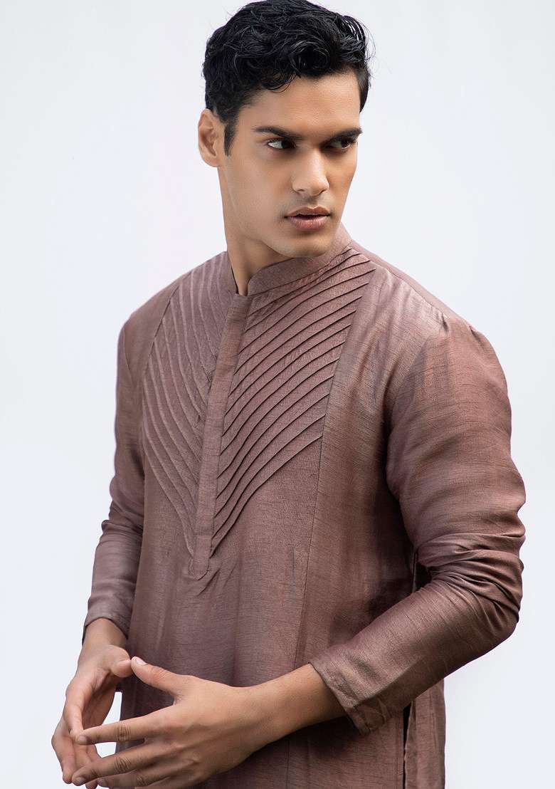 Brown Pintuck Embellished Kurta Set For Men - Indya