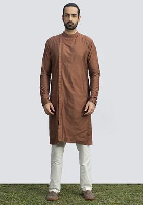 Brown Stitchline Kurta Set For Men