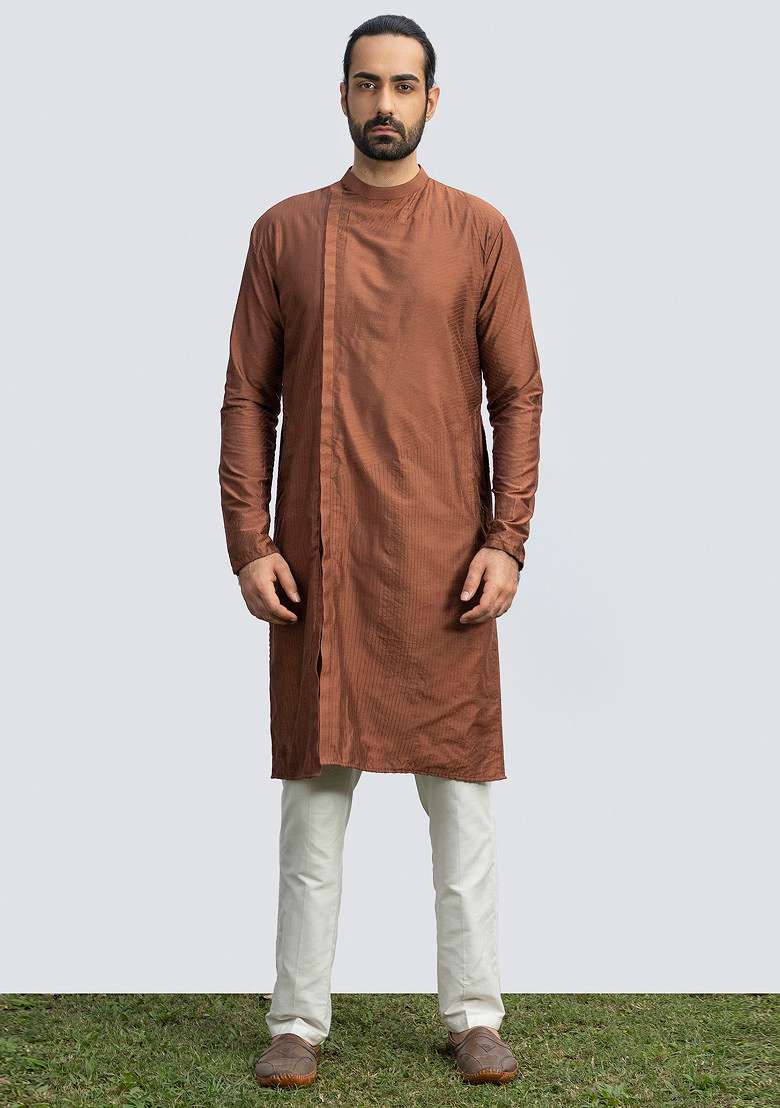 Brown Stitchline Kurta Set For Men - Indya