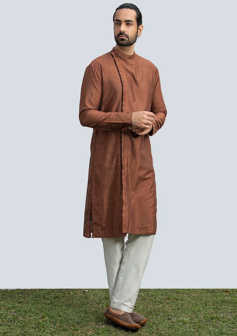 Brown Stitchline Kurta Set For Men - Indya
