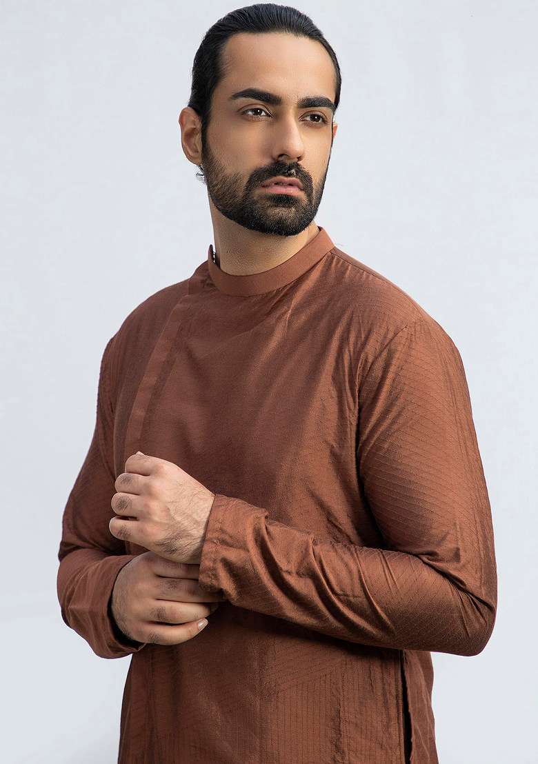 Brown Stitchline Kurta Set For Men - Indya