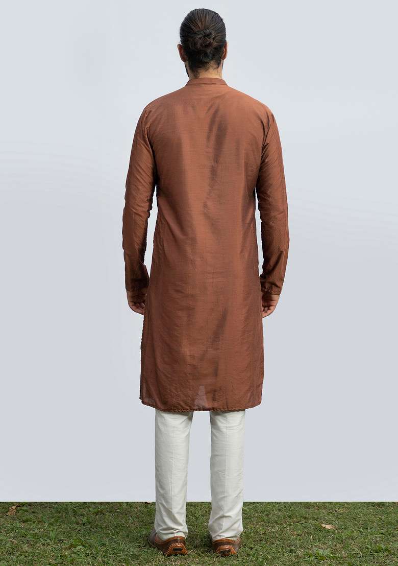 Brown Stitchline Kurta Set For Men - Indya