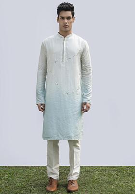 Ice Blue Zig Zag Mirror Work Kurta Set For Men