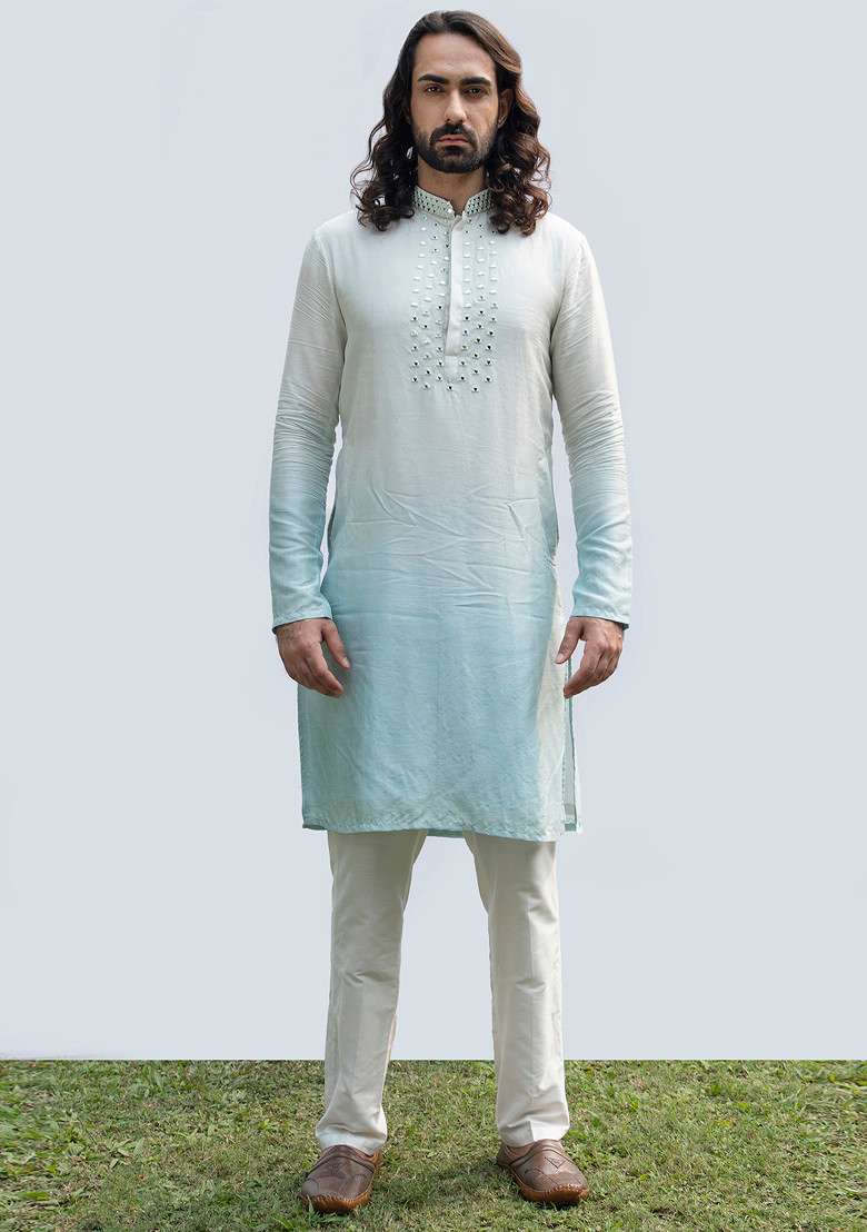 Ice Blue Ombre Kurta Set For Men - Indya