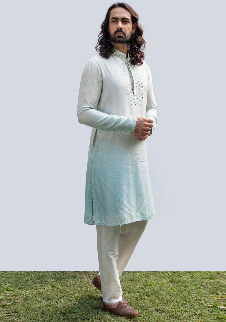 Ice Blue Ombre Kurta Set For Men - Indya